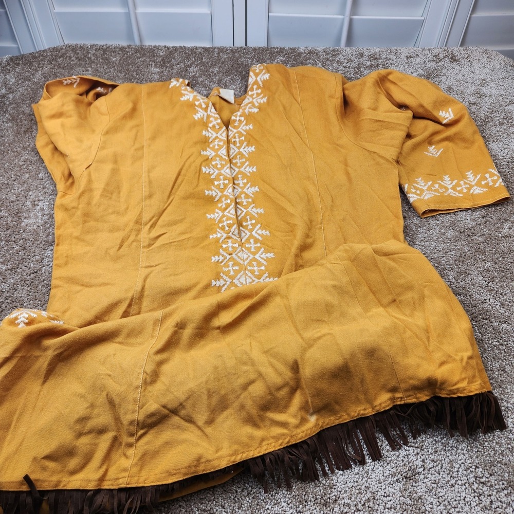 Helina Her Choice Vintage Mustard Yellow Embroidered Fringe Kaftan Dress Boho